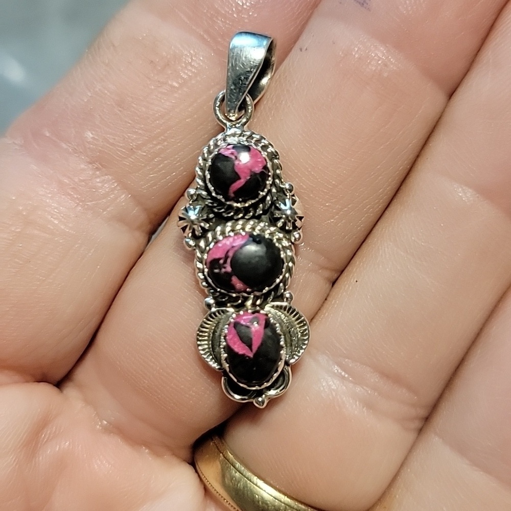 Stunning 925 Sterling Silver Pink Black Dalia Turquoise Pendant 1-1/4" Gemstone